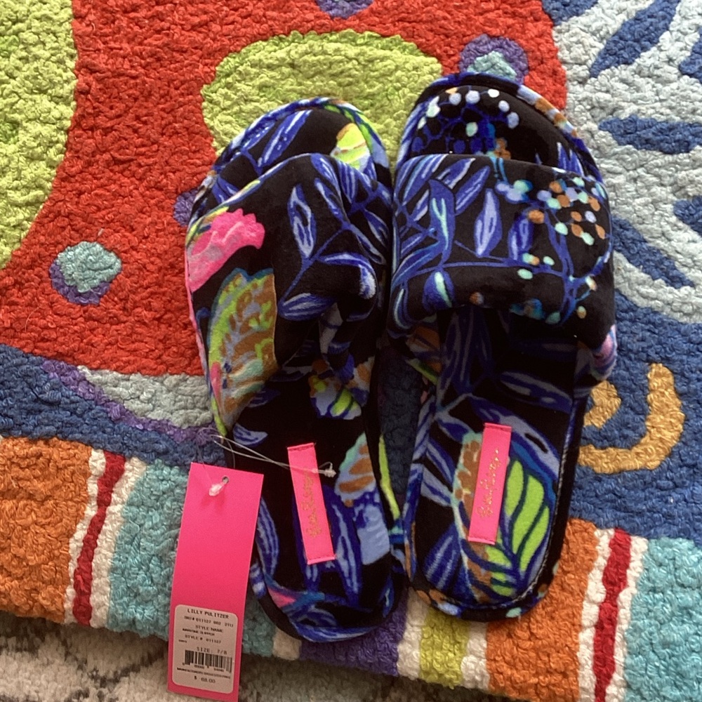 Lilly Pulitzer Onyx Slides with Blue and Pink Floral Accents